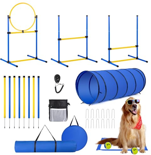Dog Agility Course Backyard Set,Dog Agility Equipment, Dog Obstacle Course Backyard With 2-Set Agility Hurdle ,Jump Ring, 8 Weave Poles, Tunnel, Pause Box, Toy Balls And 2 Portable Carrying Bags
