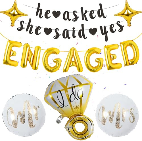 Hochzeit Verlobung Deko Schwarzgold - 32 Stück Set, Gold Engaged Luftballons, She Said Yes Banner, Mr, Mrs, Diamant, Ehering Ring Ballon, Zubehör für Verlobungsfeiern, Bride To Be Deko