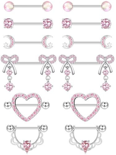 CASSIECA 6 Paar 14G Nippelpiercing Chirurgenstahl Damen Brustwarzenpiercing Herz Nippel Ringe Mond SchmetterlingBogen Nippel Bars mit Rosa CZ-Anhänger Barbell Piercing Körperschmuck