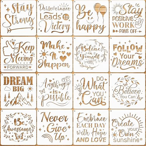 JSRQT 16Pcs Inspirational Word Stencils for Painting, Plastic Reusable Stencil Template for Craft, Motivational Quotes Drawing Painting Stencils Kit for DIY Wood Wall Home Decor Card Making