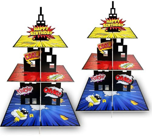 2 Pack Hero Cupcake Stand Birthday Party Decorations, City Skyscraper 3 Tier Cardboard Cupcake Stand Cup Cake Tower Display Dessert Holder Set for Boys Baby Shower Hero Party Decor Supplies Favors