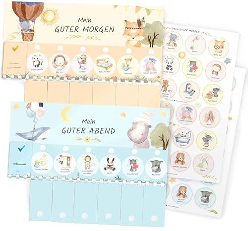 Morgenroutine & Abendroutine für Kinder - Checkliste mit Klett-Punkten zum umklappen für einen guten Plan am Morgen und Abend (DIN A4 Tagesplan, Handmade in Germany)