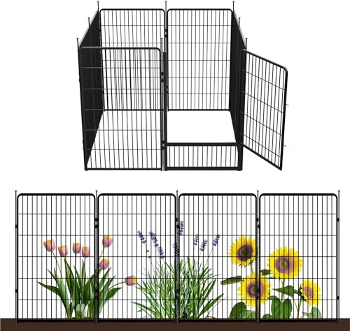 Decorative Garden Fence with Gate 114 cm(H) x 5.4 m(L) 8 Panels, Heavy Duty Metal Animal Barrier Fence for Yard, Flower Bed Fencing, Garden Border Fences, Easy Set Up, Black