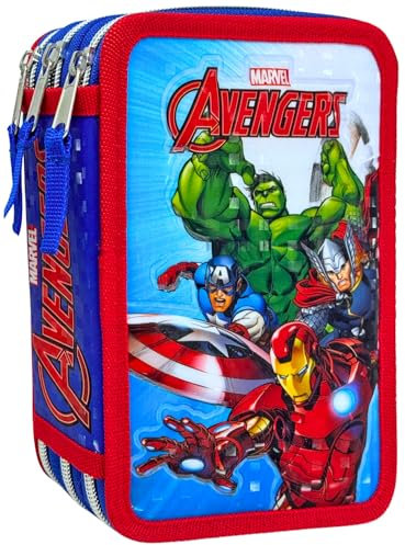 Clondo 3D Federmäppchen mit 3 Fächern für Kinder, für Avengers Fan, dreifach gefüllt, 44 Schulzubehör, 3 Reißverschlüsse, 20 cm, Lineal, Buntstifte, Filzstifte