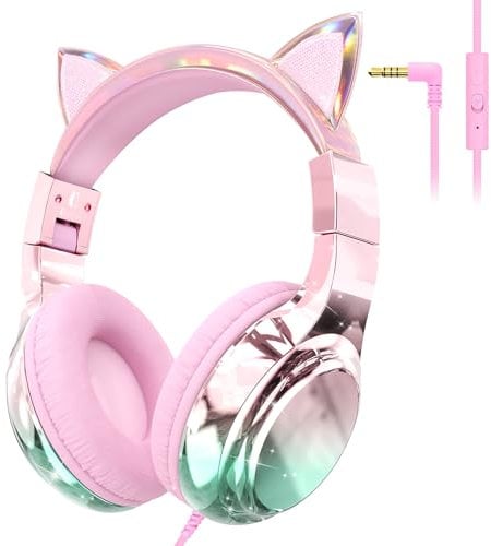 JYPS Kids Headphones, Cute Metallic, 85/94dB Volume Limited, Stereo Sound, Sharing Function, Foldable 3.5mm Wired Over-ear Toddler/Childrens Headphones for iPad/Tablet/School (cat, pink)