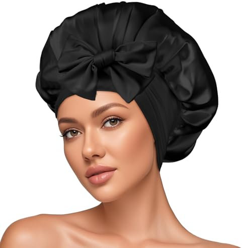 AOOWU 100% 22 Momme Cuffia Seta di Gelso per Dormire, Cuffia Capelli Ricci, Berretto di Seta Donna Elastico, Capelli Ricci Notte con Nastri Regolabili per Protezione dei Capelli Ricci Lunghi