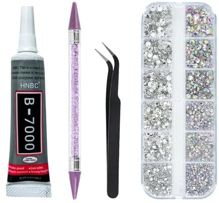 EARLMONI 2800PCS Rhinestones with 15ml B-7000 Rhinestone Glue, Pick Up Tweezers, Rhinestone Picker Pen, 6 Sizes Silver AB Crystal Nail Gems for DIY Crafts Clothing Tumblers Shoes Fabric Nail Art