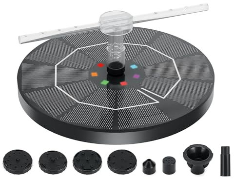 vvhippo Fuente Solar Jardin Exterior, Bomba Solar con 8 Luces LED Colorido y 8 Boquillas para Baño de PáJaros, Acuario, Jardín, Fuente