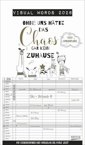 Visual Words - Familienplaner 2026 für 5 Personen - Korsch-Verlag - Kalender mit genialen Sprüchen und 5 Spalten zum Eintragen - 27 cm x 46 cm