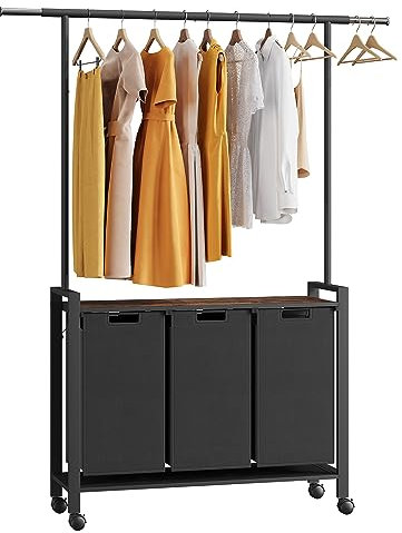 Wäschersortierer mit 3 Abschnitten und ausziehbarer Hängestange, robuster Wäschekorb mit feststellbaren Rollen und Ablage, Organisation und Aufbewahrung in der Waschküche