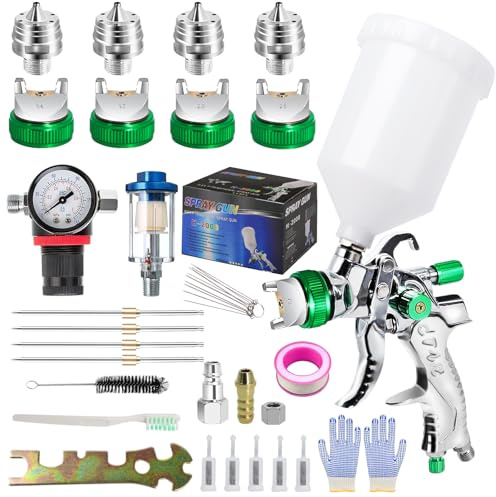 QLOUNI HVLP Spray Gun Kit with 4 Nozzles,600ml Cup Paint Sprayer with 1.4 mm & 1.7 mm & 2.0 mm & 2.5 mm Nozzles, Paint Gun Compressed Air Gravity Sprayer with Paint Spray Accessories