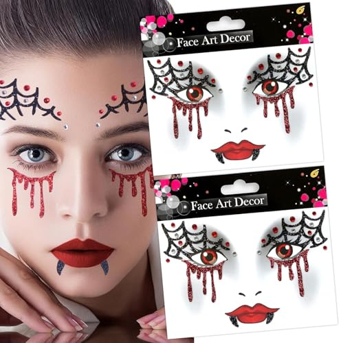 2 Stück Face Art Aticker, Halloween Tattoo Gesicht Karneval, Temporäre Gesichtstattoo, Glitzer Gesicht Aufkleber, Temporäres Tattoo für Halloween, Karneval, Fasching, Maskerade, Motto Partys (J)