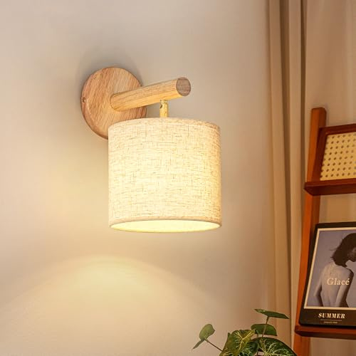 Gleonlux Wandlampe Innen Holz, Wandlampe innen mit E14 Fassung, Retro wandleuchte innen Vintage aus Leinen Stoffbezug, Wandbeleuchtung für Wohnzimmer, Schlafzimmer, Flur, treppenhaus Schwenkbar