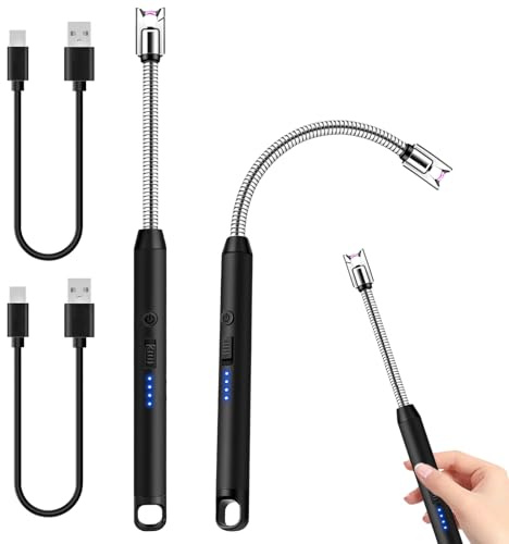 2 x Stabfeuerzeug,Lichtbogen Feuerzeug Elektrisch mit USB-C | Stabfeuerzeug USB Aufladbar,360° Flexibler Hals,Winddicht Feuerzeug Lang für Küche Kerzen Camping Grill