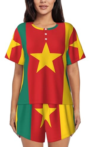 ZQYTGFDC Ensemble de pyjama à manches courtes pour femme, motif drapeau du Cameroun - Vêtements de nuit décontractés deux pièces avec poches