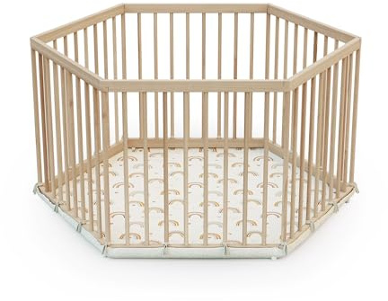 WEBABY - ALVEO sechseckiger Laufstall aus Holz mit Textilboden - 125x106x65cm