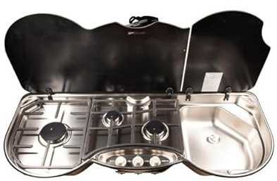 Thetford Built-in Glass Hob with Sink, 98 x 41 cm, Black Silver, 3 Hobs, Stainless Steel