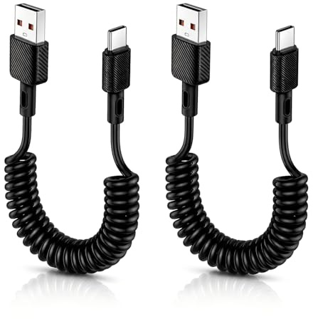 Coiled USB C Charger Cable, 2 Pack 1.5m USB to USB C Car Play Cable, Compact Spring Design, Type C Fast Charging Coiled Compatible with iPhone 17/16, Samsung, Galaxy, Xiaomi, Huawei, Google, Black