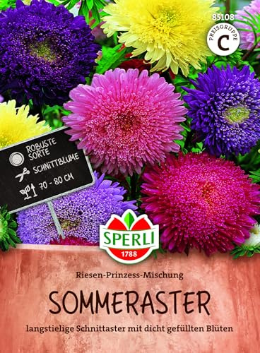 Sperli Sommerasternsamen Riesen-Prinzess-Mischung 85108, Sommerblumensaat | Dicht gefüllte Blüten, klassische langstielige Schnittaster, für Beet & Vase
