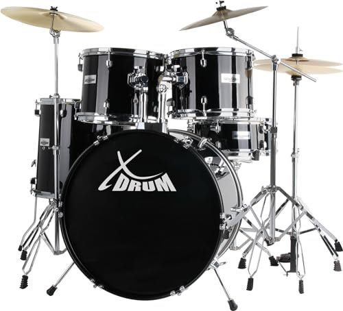 XDrum Semi 22 Standard Schlagzeug Midnight Black - 22 BD, 12 TT, 13 TT, 16 FT, 14 SD - Set inkl. 16 Crash Becken und Galgenbeckenständer - Schwarz
