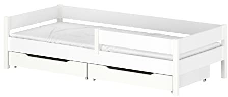 WNM Group Kinder Einzelbett Miki mit Schubladen und Matratze, 4 Farben, viele verschiedenen Größen, Massivholz & Holz-Platte, 160x80, Weiß