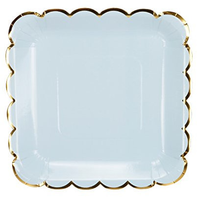 Geeklife Square Paper Plates with Sparkly Gold Foil Border,9 inch Paper Dessert Plates, Elegant Blue Decorative Party Plates Set, 20 Count