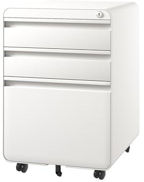 Dripex Caisson de Bureau à Roulette 3 Tiroirs, Meuble Dossier Suspendu, Caisson Métal Verrouillable 40 x 45 x 60 cm - Blanc
