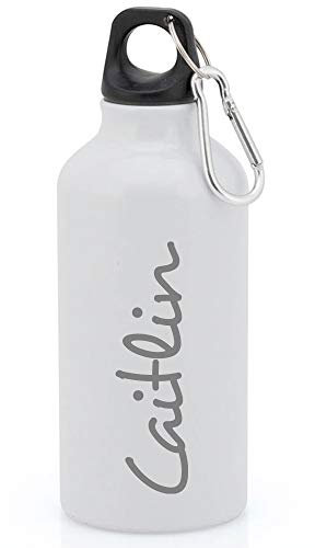 eBuyGB Personalised Any Name Lightweight Reusable Custom Engraved 400ml Aluminium Sports Water Bottle with Screw Cap & Carabiner (White - Stylish)