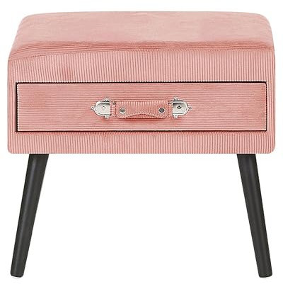 Beliani Table de Chevet Tabouret en Velours Côtelé Rose avec Pieds Obliques en Bois et Tiroir Pratique Design Tendance pour Chambre Rétro et Vintage