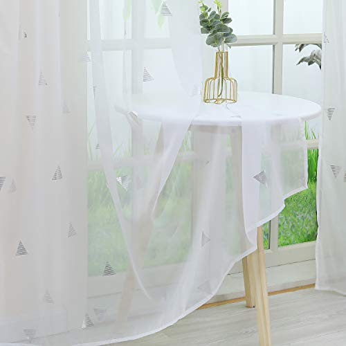 Delien Voile Gardine mit silberfarbenen Dreiecken Druck transparenter Vorhang mit Schlaufen Wohnzimmer Gardinenschals BxH 140x245cm Weiß 1 Stück