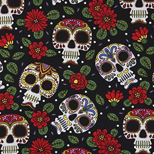 SCHÖNER LEBEN. Baumwollstoff Popeline Totenkopf Blumen schwarz weiß bunt 1,42m