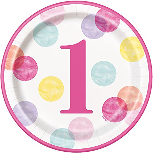 Unique 73285EU Eco-Friendly Paper Plates-23 cm-Pink 1st Birthday Party-8 Count (Pack of 1), Polka Dots, 23 Centimeters