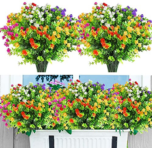 Eirdary 12 Bundles Artificial Flowers for Decoration,6 Colors UV Resistant Fake Flowers Outdoor Indoor, Faux Plastic Bouquet Shrubs Plants for Hanging Home Garden Window Wedding Party Decor