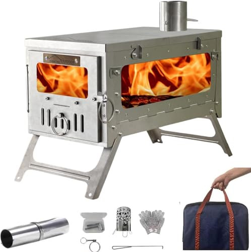 DANCHEL OUTDOOR TSG Portable TA1 Titanium Hot Tent Stove - Small Lightweight Folding Wood Burning Stove with Roll-Up 7.2ft Chimney Pipe Backpacking Camping Cooking, 6.63lbs