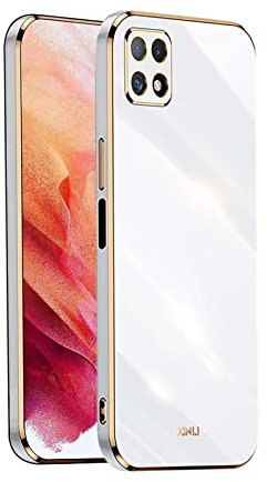 WEIOU Coque pour Samsung Galaxy A22 5G Étui, Bordure de Placage d'or Souple TPU Housse Etui de Protection en Silicone en Gel Antichoc Bumper Case Cover - Blanche