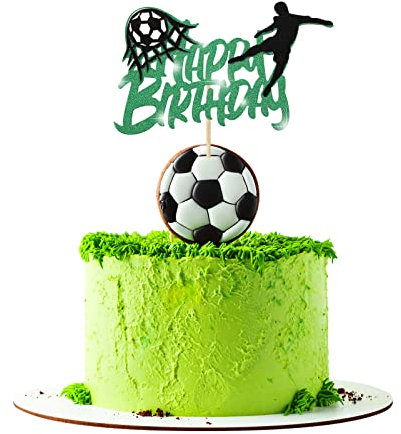 Glitter Green Soccer Cake Topper 1 Piece Glitter Green Happy Birthday Football Player Cake Topper Decorations for Sports Theme Man Boy Girl Birthday Party Decoration