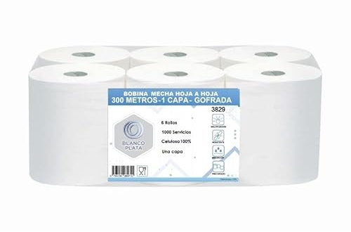 Bobina Papel secamanos mecha laminada 6 rollos de 300m 100% Celulosa Una Capa