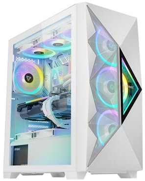 Antec DF800 Flux Boîtier de Jeu avec fenêtre en Verre, ATX, 5 Ventilateurs (3 ARGB Avant), Maille géométrique et Avant Miroir, Bouton de Commande LED, Blanc