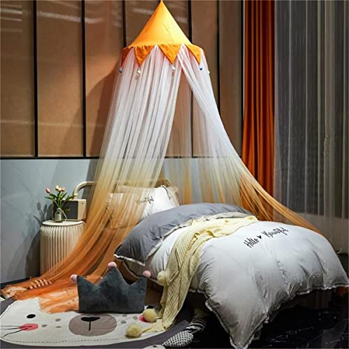 Eimilaly Farbverlauf Orange Betthimmel mit Krone Oben Entwurf, Volle Größe Betthimmel für Mädchen Jungen Bett Zimmer Dekor, Verschlüsselt Mesh