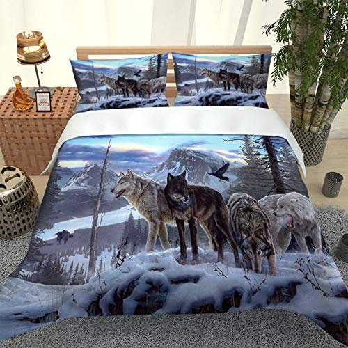 GIMFRY Kinder Bettwäsche Set 135x200 3 Teilig (1 Bettbezug Und 2 Kissenbezüge) 3D Weißer Schneetier Wolf Druck Muster Biber Bettwäsche Kinder Weiche Microfaser Mit Reißverschluss