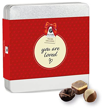 Pralinen-Mischung 170g You are loved (alkoholfrei) in edler Retro-Box aus Metall. Zum Geburtstag, Jubiläum oder einfach so. Vintage-Design.