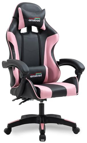 Amstrad AMS-800-PINK Fauteuil/Chaise de Bureau Gamer Coloris Noir & Rose - Coussin Lombaire & appuie tête