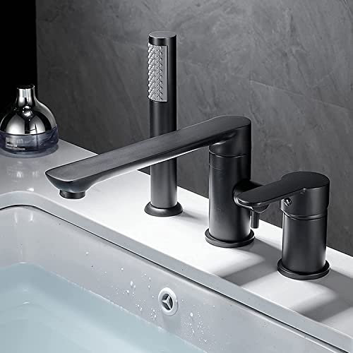 3 Loch Wannenrandarmatur mit Ausziehbarem Handbrause Wannenrand Badewanne Armatur Set Schwarz (Color : Black)