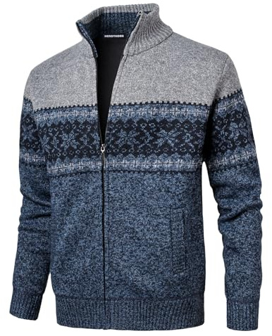 Herothorn Herren Full Zip Strickjacke Schneeflocken Muster Pullover Gestrickt Strickjacke Mit Taschen für lässige Weihnachten