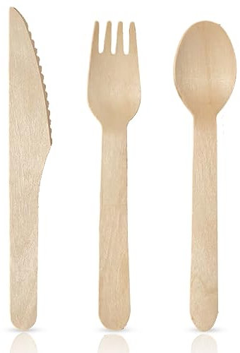 150pcs Wooden Cutlery Set - Biodegradable Compostable Eco Friendly Cutlery Set for Christmas Parties Picnics,Weddings,Office [50 Forks, 50 Knives, 50 Spoons] (Set of 150)