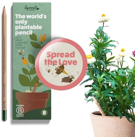 SproutWorld Pencils | Spread the Love Edition | Graphite Bleistifte mit Blumen-, Kräuter- und Gemüsesamen | Eco-Friendly Organic Holz| Nachhaltiges Geschenk mit herzerwärmenden Zitaten | 8er Pack