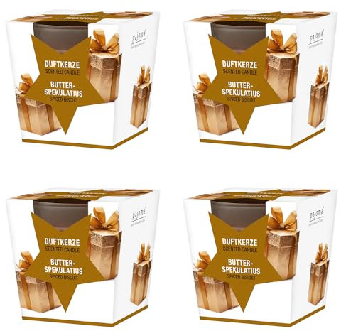 pajoma® Duftkerze 4er Set, Butterspekulatius - im satinierten Glas | 4x 120g Wachsgewicht, Brenndauer: 25 Stunden, in edler Geschenkverpackung | Premium Qualität