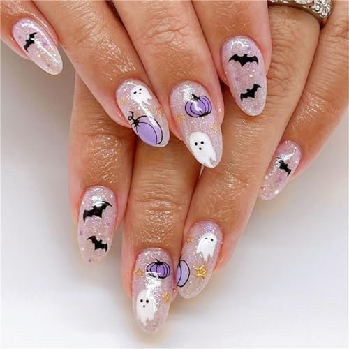 Pumpkin Ghost Halloween Fake Nail Short Almond Press on Nails French Tips for Women and Girls Nail Art Manicure 24pcs