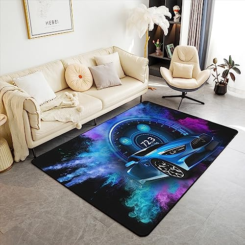 Homewish Teppich für Sportwagen, 100 x 150 cm, Blau, für Jugendliche, Rennwagen, Graffiti, Violett, getönt, rutschfest, Teppich für Extremsportarten