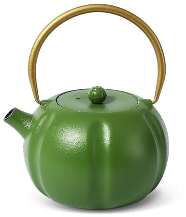 VICSKY Small Pumpkin Cast Iron Teapot (Green), Small and Cute, Japanese Teapot with Stainless Steel Infuser, Internal Enamel, 1-2 People, Halloween (27oz/800ml)